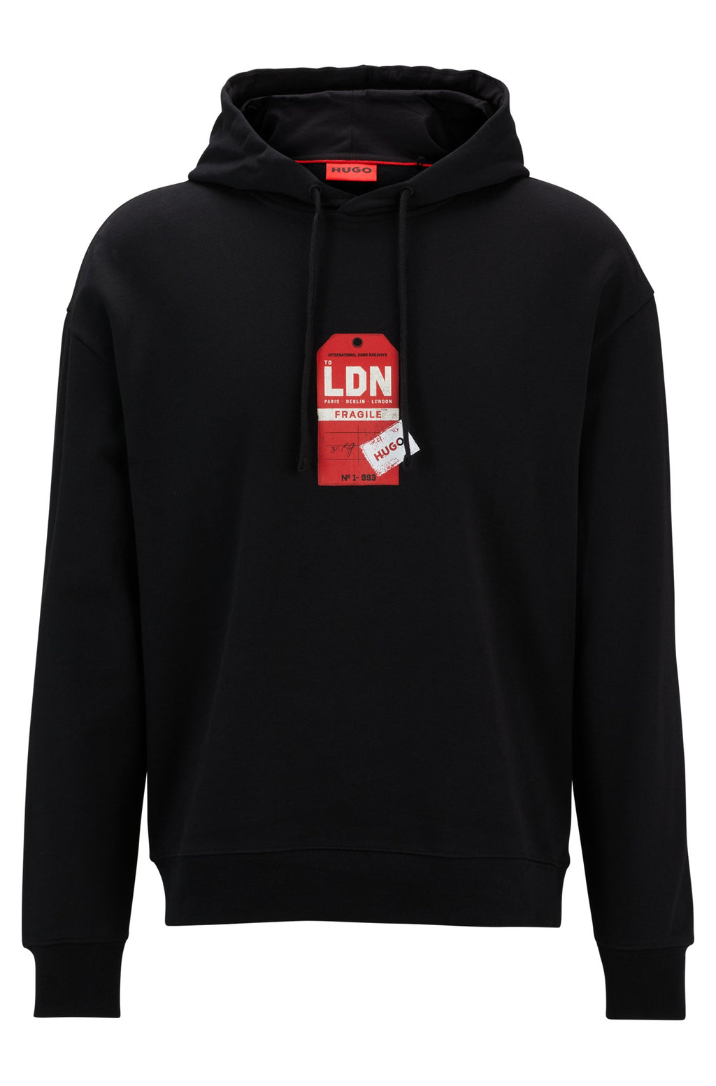 Sudadera con capucha de felpa de algodón con ilustración de etiqueta de equipaje